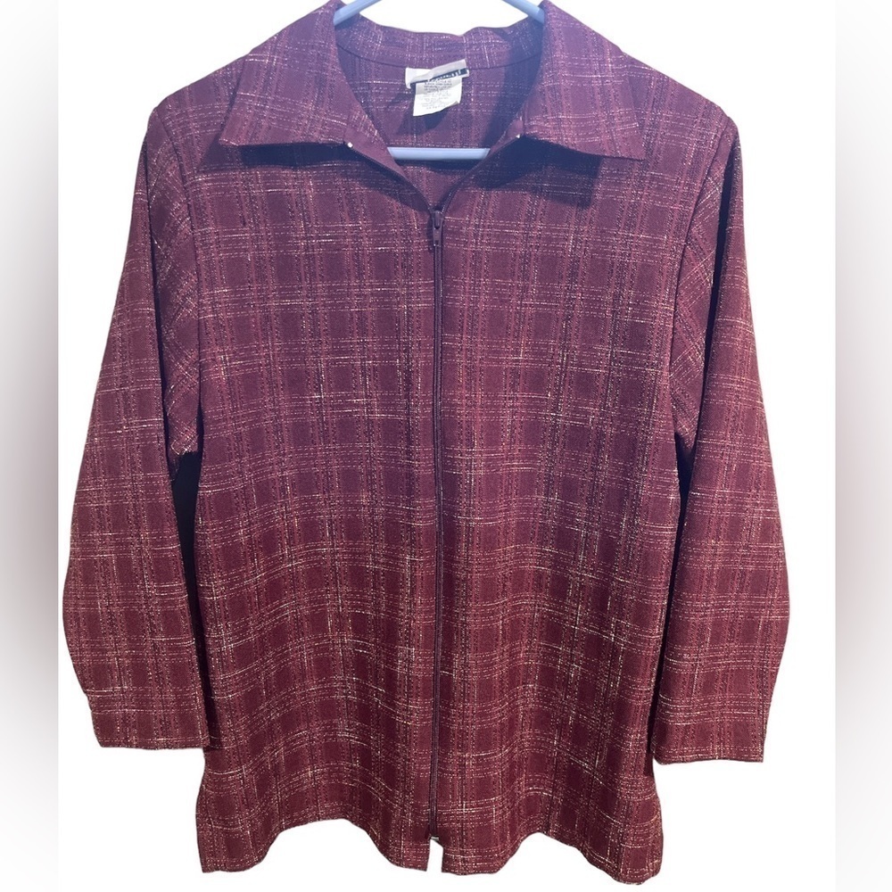 Vintage Bon Worth Burgundy Plaid Zip Jacket Blazer PXS Dark Acedemia‎ Grunge